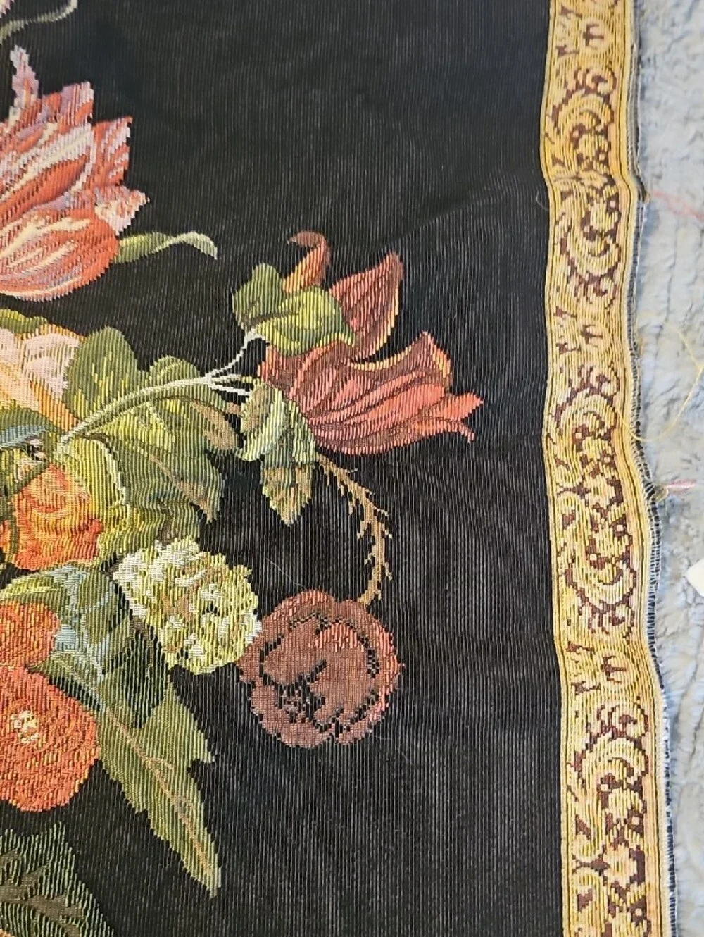 Vintage Black Tapestry Floral Basket Home Decor 70s Wall Hanging 27 X 25